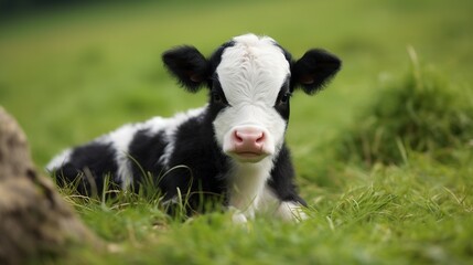 a black and white baby cow in a farm