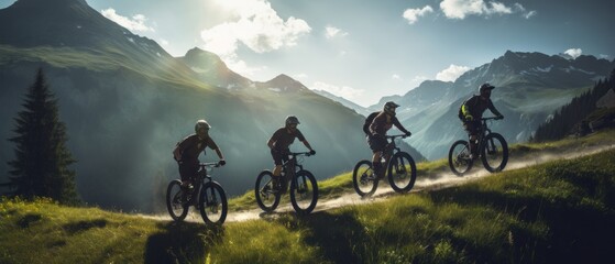 friends on e-bikes: exploring majestic mountain views together - obrazy, fototapety, plakaty