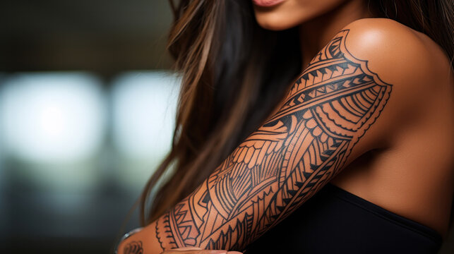 Woman with a tribal tattoo on her arm close up view.