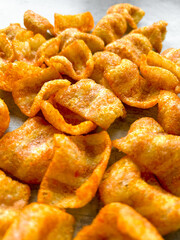 Background of chips on gray background. Top view