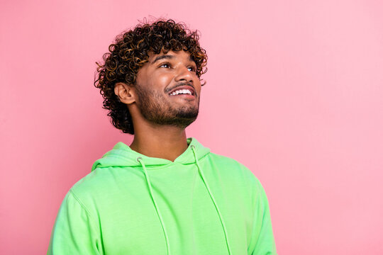 Photo of attractive arabian man curly brown hair looking novelty daydreaming see his girlfriend beauty isolated on pink color background