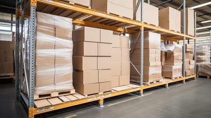 portrait of warehouse with stacks of cardboard ,Warehouse with stacks of boxes on wooden pallets. Wholesaler - obrazy, fototapety, plakaty