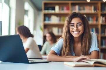 a female college student sitting at a desk in the library, focused on studying. generative AI