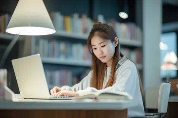 Fotobehang a korean female college student sitting at a desk in the library, focused on studying. generative AI © yj