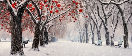 winter wonderland: serene city park blanketed in snowfall with striking red wild apple trees