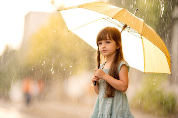 Pretty young child girl in the rain with umbrella