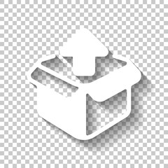 Delivery box, simple carton package icon. White icon with shadow on transparent background