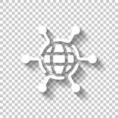 Digital technology, social network, global connect, simple business logo. White icon with shadow on transparent background
