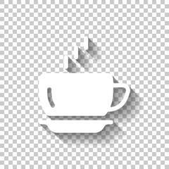 Hot cup of coffee, simple logo. White icon with shadow on transparent background