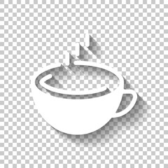 Hot cup of coffee, simple logo. White icon with shadow on transparent background