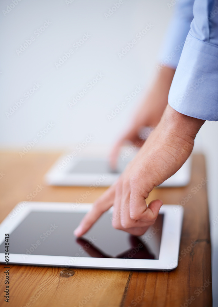 Poster tablets, finger and pointing for interactive design, syncing and technology for networking or touch.