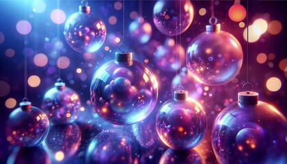 Obraz na płótnie Canvas 3D Rendered Glass Christmas Baubles, Purple Bokeh with Neon Pink & Blue Lights