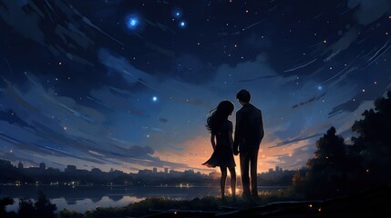 A couple enjoys the atmosphere of New Year's Eve from the top of the hill with a beautiful view, until the sun rises. This picture is an illustration