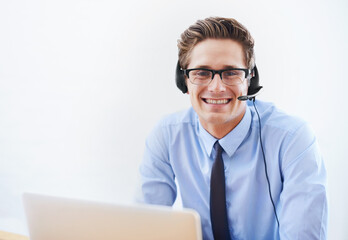 Business man, call center portrait and computer for virtual communication, customer service or...