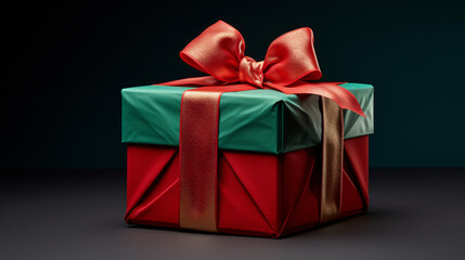 A red and green gift box adorned with a ribbon