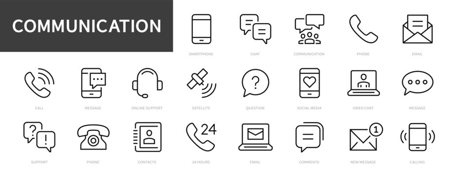 Communication Thin Line Icons Set. Communication, Phone, Computer, Smartphone, Mail, Chat, Contact Icon. Vector