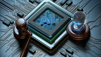 AI Law Enforcement: Gavel and Digital Judge on Circuitry Representing EU Regulations - obrazy, fototapety, plakaty