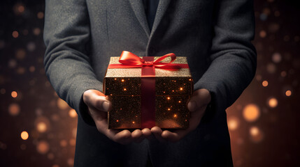 Elegant Man holding a gift box. Birthday, corporate event, Christmas holidays