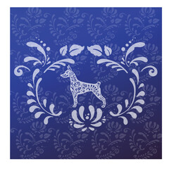 dog greeting card blue in ethnic  style, vector illustration 