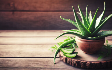 Aloe vera in a wooden pot Placed on an old wooden floor The concept of herbs and medicine