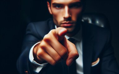 Businessman pointing his finger forward Man holding out index finger on black background - obrazy, fototapety, plakaty