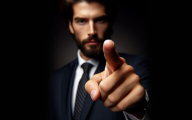 Businessman pointing his finger forward Man holding out index finger on black background - obrazy, fototapety, plakaty