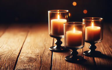 Candles in glasses placed on a wooden floor Warm light Blur bokeh background Old fashioned candlesticks and candlelight
