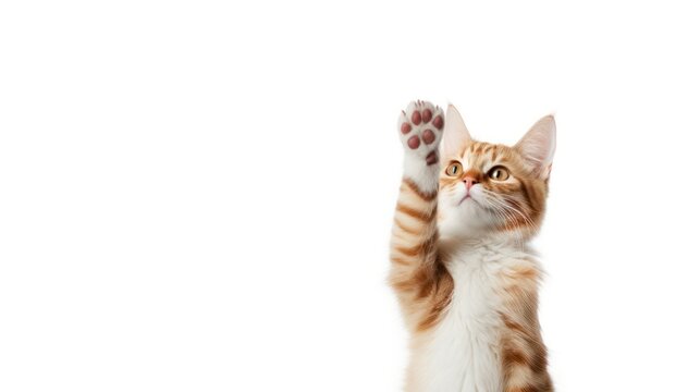 A cat raising its paw for a high-five, set against a white backdrop.

