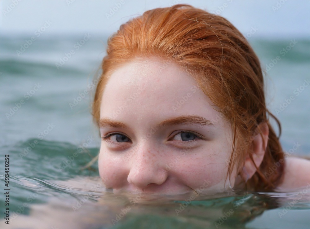 Sticker Playful redhead young girl swimming , having fun in the sea. Summer vacation travel  concept. Smiling face closeup. Beach scene. Portrait photography.