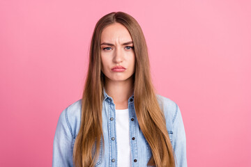 Photo portrait of attractive young woman sad moody facial expression dressed stylish denim clothes...