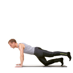 Man, pilates and mat in studio for stretching legs, fitness or workout for healthy body, wellness...