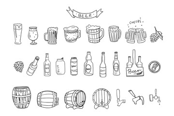 Big set of beer and glass of beer. Mug with beer, barrel. Great for bar menu design, packaging, pub. Hand drawn. Doodle style.