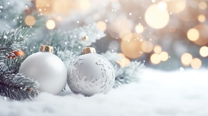 Fototapeta na wymiar Beautiful Christmas white decoration background on snow with fir tree branches and Christmas lights. Winter Decoration Background
