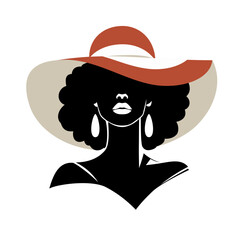 Portret pięknej kobiety w eleganckim kapeluszu z szerokim rondem w minimalistycznym stylu. Młoda dziewczyna z kolczykami. Ilustracja wektorowa High Fashion. - obrazy, fototapety, plakaty