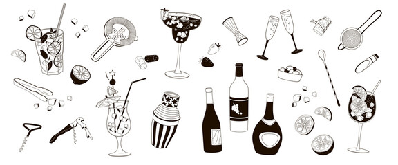 elements about bar, cocktails, ice, corkscrew, shaker, barman tools, black and white linear vector illustration