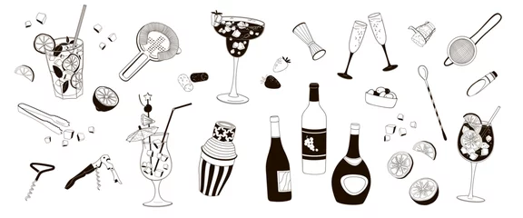 Fotobehang elements about bar, cocktails, ice, corkscrew, shaker, barman tools, black and white linear vector illustration © alessia
