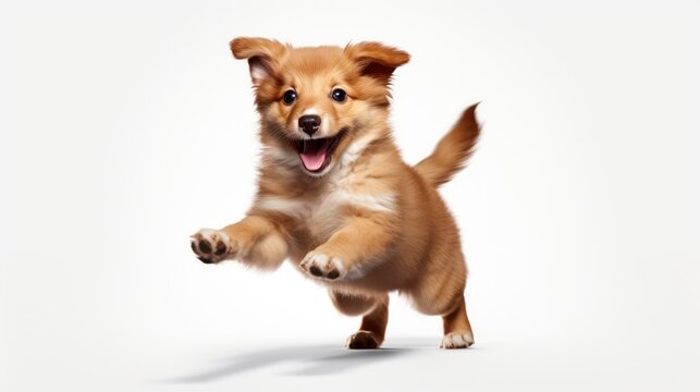 Dog movement is playing, jumping, happy puppy isolated on a white background