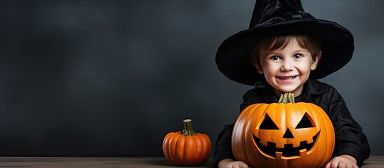 Boy in witch hat with pumpkin. Halloween child. Trick or treat. Autumn sales. Halloween sale advertising.