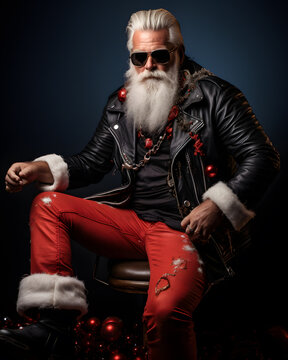 Cool rock Santa Claus. Old senior bearded man, trendy hipster cool old Santa Claus