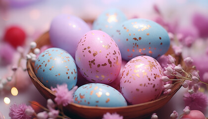 Fototapeta na wymiar Easter pastel eggs decorated with sparkles on a bokeh background. background for a postcard for Easter.