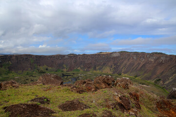 View of the extinct shield volcano Rano Kao is located in the southwest of the Easter Island-Rapa...