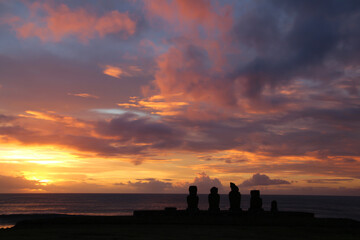 Silhouette of the Ahu Tahai ceremonial complex at sunsetEaster Island, Rapa Nui, Polynesia, Chile, South America
