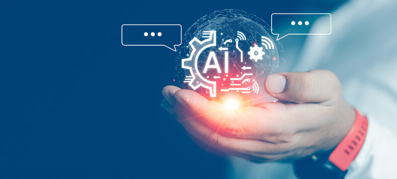 Businessman hand showing artificial intelligence on virtual screen. Intelligent technology or digital transformation management. Manage big data and business processes with future innovation.