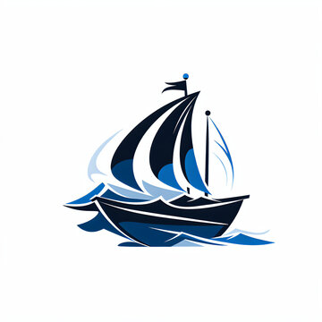 Anime-Inspired Boat Logo Design in Deep Blue, Black and White Palette