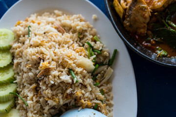 Fried rice with crab meat. Fried rice Thai style. Thai food called Khao pad poo.