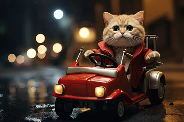 Poster de jardin Voitures de dessin animé Funny cat drives a toy car in the city.by Generative AI
