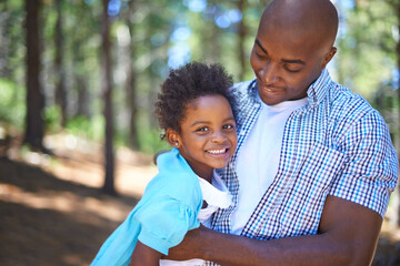Father, portrait and child in forest adventure for hiking nature weekend for trees explore, journey or vacation. Black person, daughter and hug embrace for holiday together, woods travel or sunshine