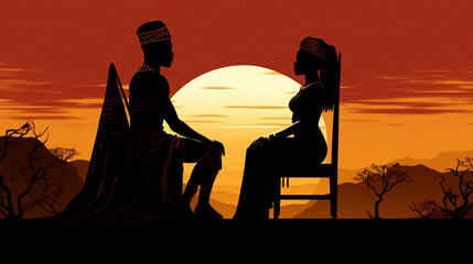 The Silhouette of an African King and Queen Seated Across From Each Other