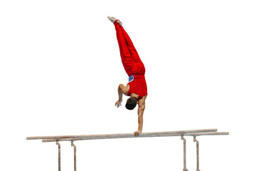 male gymnast performing on parallel bars competition artistic gymnastics isolated on transparent...
