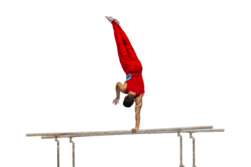 male gymnast performing on parallel bars competition artistic gymnastics isolated on transparent background